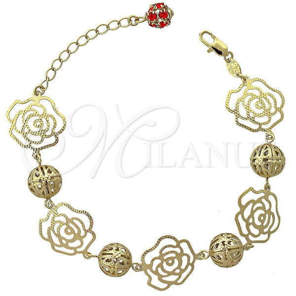 Oro Laminado Fancy Bracelet, Gold Filled Style Flower Design, with Orange Red Cubic Zirconia, Polished, Golden Finish, 5.017.006 (10 MM Thickness, 8 Inches Length)