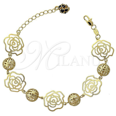 Oro Laminado Charm Bracelet, Gold Filled Style Flower Design, with Black Cubic Zirconia, Diamond Cutting for wholesale, main product view