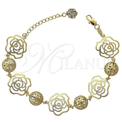 Oro Laminado Charm Bracelet, Gold Filled Style Flower Design, with White Cubic Zirconia, Diamond Cutting for wholesale, main product view