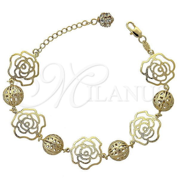 Oro Laminado Charm Bracelet, Gold Filled Style Flower Design, with White Cubic Zirconia, Diamond Cutting Finish, Golden Finish, 5.017.007 (12 MM Thickness, 8 Inches Length)