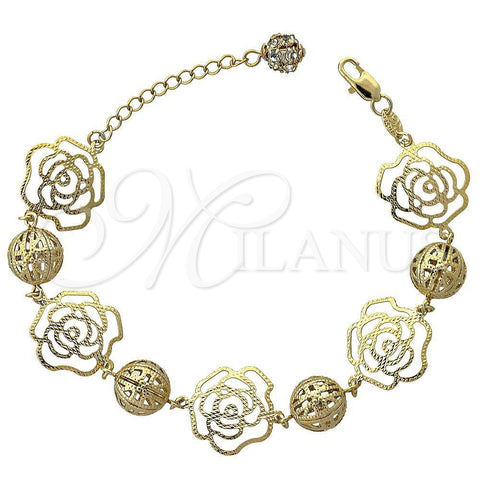 Oro Laminado Charm Bracelet, Gold Filled Style Flower Design, with White Cubic Zirconia, Diamond Cutting Finish, Golden Finish, 5.017.007 (12 MM Thickness, 8 Inches Length)