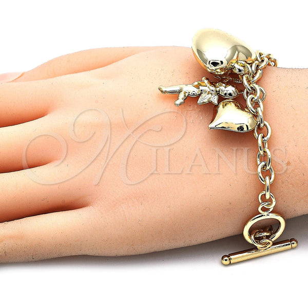 Oro Laminado Charm Bracelet, Gold Filled Style Heart and Love Design, Polished, Golden Finish, 5.004.011.08 (0.35 Gauge, 8 Inches Length)