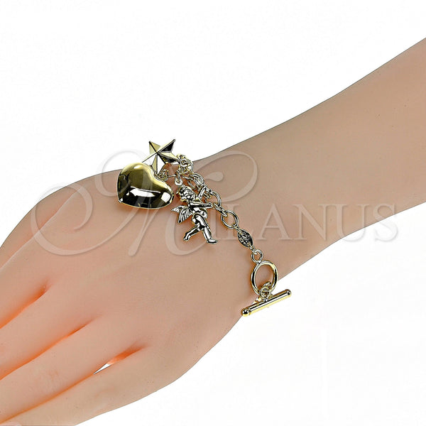 Oro Laminado Charm Bracelet, Gold Filled Style Angel and Heart Design, Diamond Cutting Finish, Golden Finish, 5.020.004 (06 MM Thickness, 7 Inches Length)