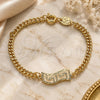 Oro Laminado ID Bracelet, Gold Filled Style Curb and Greek Key Design, Diamond Cutting Finish, Golden Finish, 5.228.017.05 (0.80 Gauge, 03 MM Thickness, 5 Inches Length)