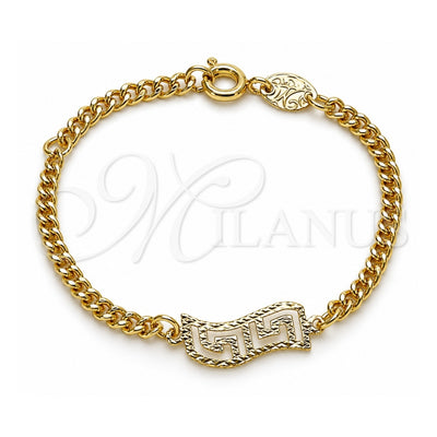 Oro Laminado ID Bracelet, Gold Filled Style Curb and Greek Key Design, Diamond Cutting Finish, Golden Finish, 5.228.017.05 (0.80 Gauge, 03 MM Thickness, 5 Inches Length)