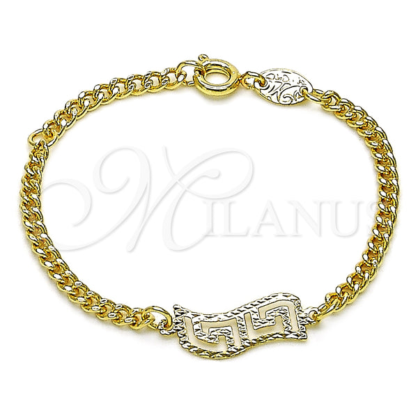 Oro Laminado ID Bracelet, Gold Filled Style Curb and Greek Key Design, Diamond Cutting Finish, Golden Finish, 5.228.017.05 (0.80 Gauge, 03 MM Thickness, 5 Inches Length)