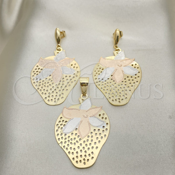 Oro Laminado Earring and Pendant Adult Set, Gold Filled Style Strawberry Design, Polished, Tricolor, 5.050.006