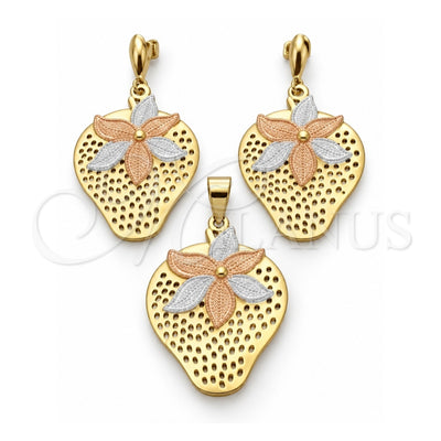 Oro Laminado Earring and Pendant Adult Set, Gold Filled Style Strawberry Design, Polished, Tricolor, 5.050.006