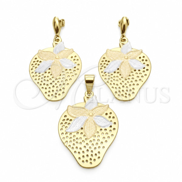 Oro Laminado Earring and Pendant Adult Set, Gold Filled Style Strawberry Design, Polished, Tricolor, 5.050.006