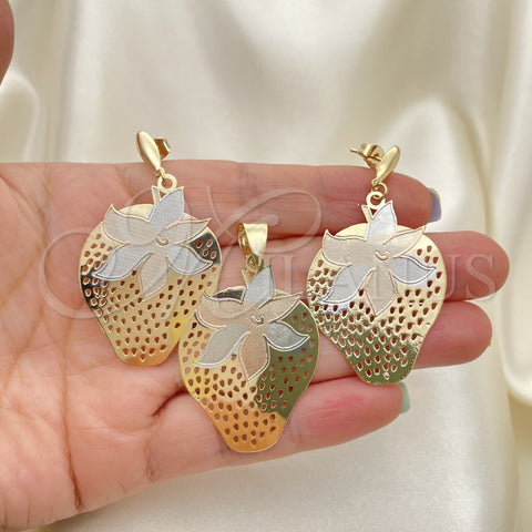 Oro Laminado Earring and Pendant Adult Set, Gold Filled Style Strawberry Design, Polished, Tricolor, 5.050.006