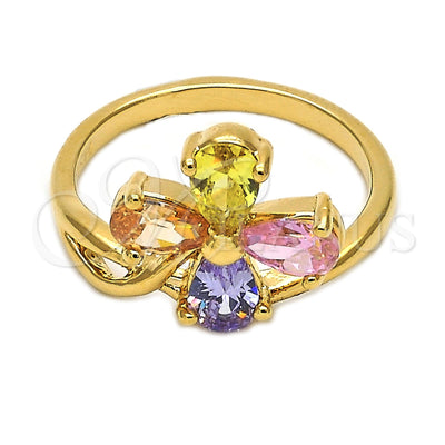 Oro Laminado Multi Stone Ring, Gold Filled Style Flower Design, with Multicolor Cubic Zirconia, Polished for wholesale, main product view