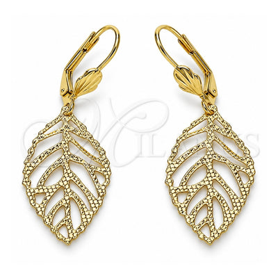 Oro Laminado Dangle Earring, Gold Filled Style Leaf Design, Diamond Cutting Finish, Golden Finish, 5.108.007