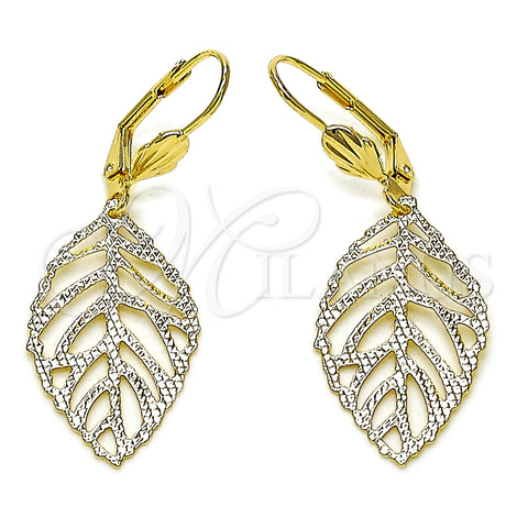 Oro Laminado Dangle Earring, Gold Filled Style Leaf Design, Diamond Cutting Finish, Golden Finish, 5.108.007