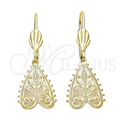 Oro Laminado Dangle Earring, Gold Filled Style Leaf Design, Diamond Cutting Finish, Golden Finish, 5.076.007