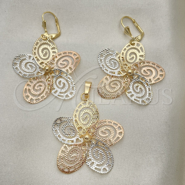 Oro Laminado Earring and Pendant Adult Set, Gold Filled Style Flower Design, Polished, Tricolor, 5.045.006