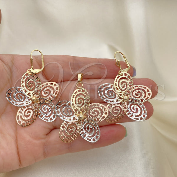 Oro Laminado Earring and Pendant Adult Set, Gold Filled Style Flower Design, Polished, Tricolor, 5.045.006