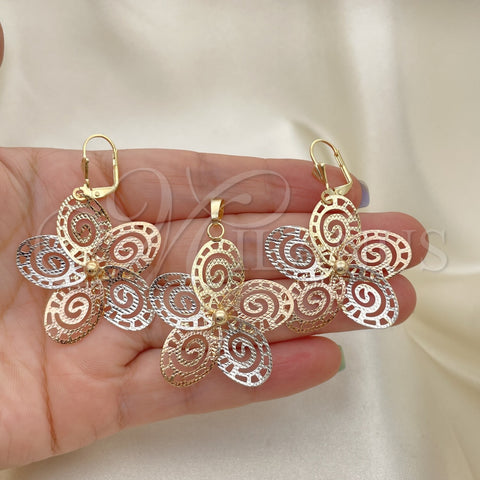 Oro Laminado Earring and Pendant Adult Set, Gold Filled Style Flower Design, Polished, Tricolor, 5.045.006