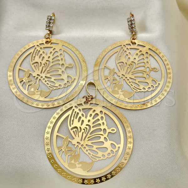 Oro Laminado Earring and Pendant Adult Set, Gold Filled Style Butterfly Design, with White Cubic Zirconia, Polished, Golden Finish, 10.63.0307