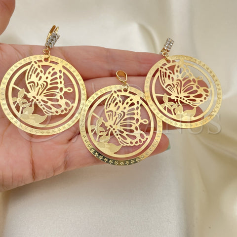 Oro Laminado Earring and Pendant Adult Set, Gold Filled Style Butterfly Design, with White Cubic Zirconia, Polished, Golden Finish, 10.63.0307