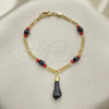 Oro Laminado Fancy Bracelet, Gold Filled Style Figa Hand Design, with Black Azavache, Red Resin Finish, Golden Finish, 5.039.008.07