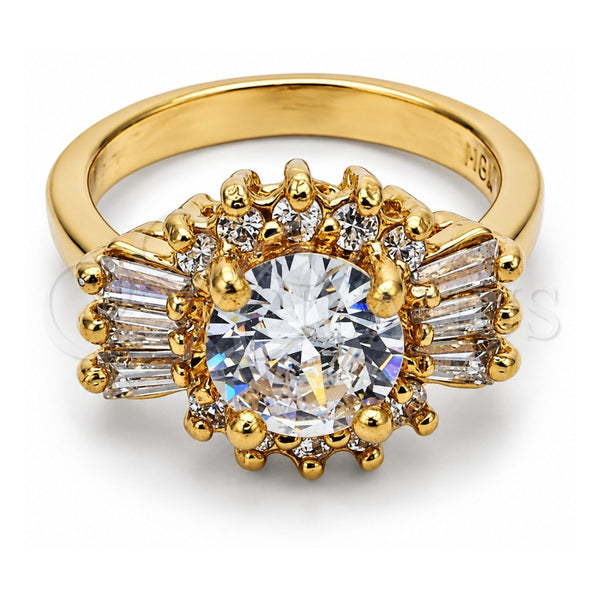 Oro Laminado Multi Stone Ring, Gold Filled Style Baguette and Cluster Design, with White Cubic Zirconia, Polished, Golden Finish, 5.170.021.07 (Size 7)