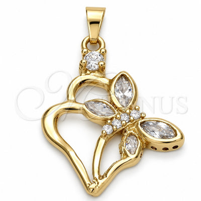 Oro Laminado Fancy Pendant, Gold Filled Style Heart and Butterfly Design, with White Cubic Zirconia, Polished, Golden Finish, 5.181.025