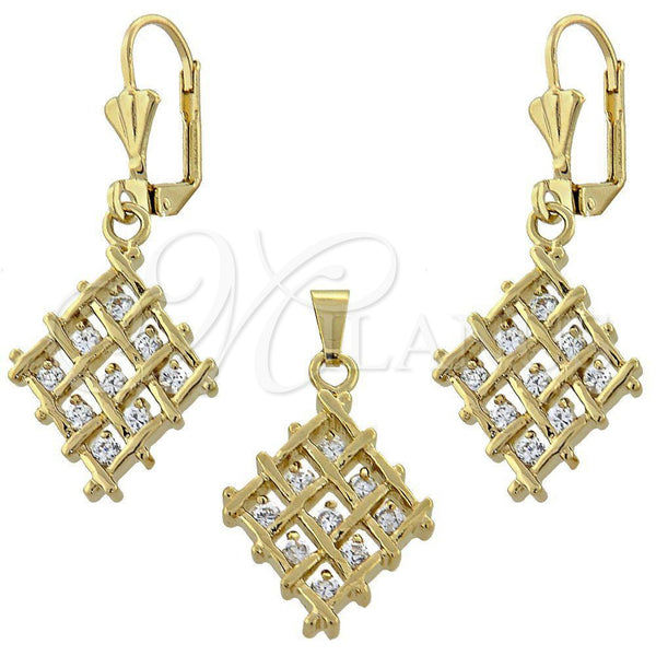 Oro Laminado Earring and Pendant Adult Set, Gold Filled Style with White Cubic Zirconia, Polished, Golden Finish, 10.63.0323