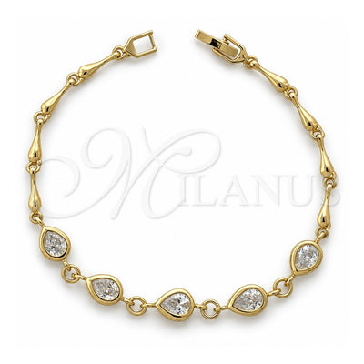 Oro Laminado Fancy Bracelet, Gold Filled Style Teardrop Design, with White Cubic Zirconia, Polished, Golden Finish, 5.027.006 (07 MM Thickness, 7 Inches Length)