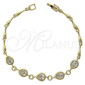 Oro Laminado Fancy Bracelet, Gold Filled Style Teardrop Design, with White Cubic Zirconia, Polished, Golden Finish, 5.027.006 (07 MM Thickness, 7 Inches Length)