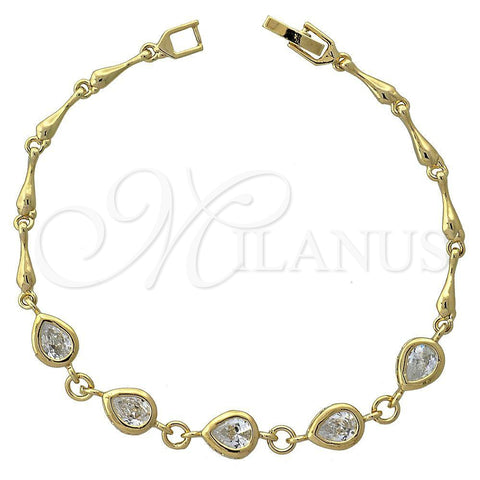Oro Laminado Fancy Bracelet, Gold Filled Style Teardrop Design, with White Cubic Zirconia, Polished, Golden Finish, 5.027.006 (07 MM Thickness, 7 Inches Length)