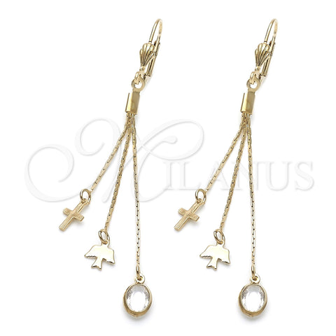 Oro Laminado Long Earring, Gold Filled Style Bird and Cross Design, with White Crystal, Polished, Golden Finish, 5.065.008