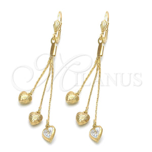 Oro Laminado Long Earring, Gold Filled Style Heart Design, with White Cubic Zirconia, Polished, Golden Finish, 5.111.011