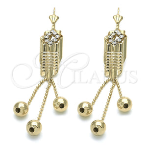 Oro Laminado Long Earring, Gold Filled Style Ball Design, with White Cubic Zirconia, Polished, Golden Finish, 02.63.1284