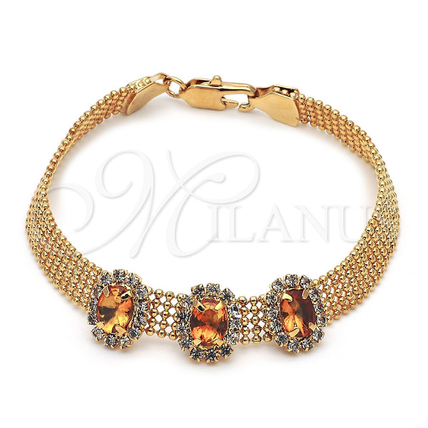 Oro Laminado Fancy Bracelet, Gold Filled Style Ball Design, with Light Olive and White Cubic Zirconia, Polished, Golden Finish, 5.021.007 (08 MM Thickness, 8 Inches Length)