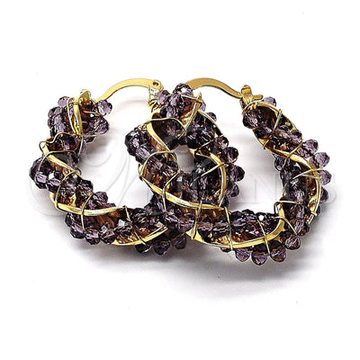 Oro Laminado Small Hoop, Gold Filled Style Twist Design, with Brown Crystal, Polished, Golden Finish for wholesale, main product view