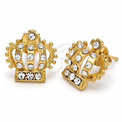 Oro Laminado Stud Earring, Gold Filled Style Crown Design, with White Crystal, Polished, Golden Finish, 5.127.003 *PROMO*