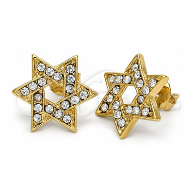 Oro Laminado Stud Earring, Gold Filled Style Star and Star of David Design, with White Crystal, Polished, Golden Finish, 5.127.005 *PROMO*