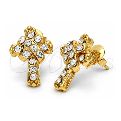 Oro Laminado Stud Earring, Gold Filled Style Cross Design, with White Crystal, Polished, Golden Finish, 5.127.011 *PROMO*