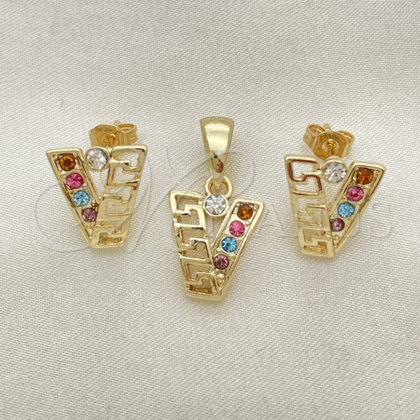 Oro Laminado Earring and Pendant Adult Set, Gold Filled Style Greek Key Design, with White Crystal, Polished, Golden Finish, 5.052.019