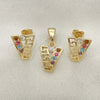 Oro Laminado Earring and Pendant Adult Set, Gold Filled Style Greek Key Design, with White Crystal, Polished, Golden Finish, 5.052.019