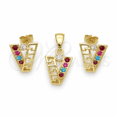 Oro Laminado Earring and Pendant Adult Set, Gold Filled Style Greek Key Design, with White Crystal, Polished for wholesale, main product view