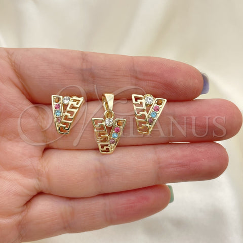 Oro Laminado Earring and Pendant Adult Set, Gold Filled Style Greek Key Design, with White Crystal, Polished, Golden Finish, 5.052.019