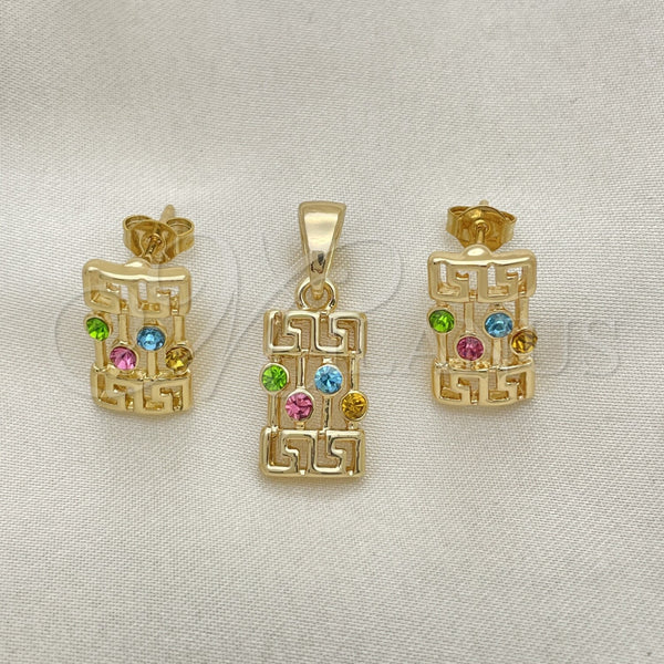 Oro Laminado Earring and Pendant Adult Set, Gold Filled Style Greek Key Design, with White Crystal, Polished, Golden Finish, 5.052.011