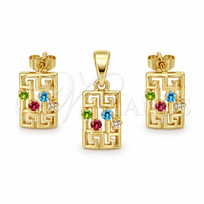 Oro Laminado Earring and Pendant Adult Set, Gold Filled Style Greek Key Design, with White Crystal, Polished for wholesale, main product view