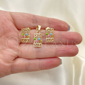 Oro Laminado Earring and Pendant Adult Set, Gold Filled Style Greek Key Design, with White Crystal, Polished, Golden Finish, 5.052.011