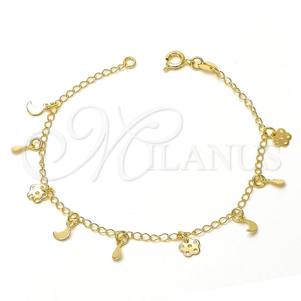 Oro Laminado Charm Bracelet, Gold Filled Style Flower and Moon Design, Polished, Golden Finish, 03.09.0003.07 (7 Inches Length)