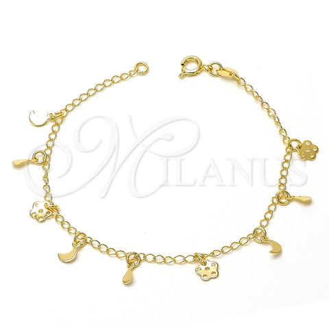 Oro Laminado Charm Bracelet, Gold Filled Style Flower and Moon Design, Polished, Golden Finish, 03.09.0003.07 (7 Inches Length)