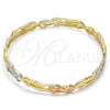 Oro Laminado Individual Bangle, Gold Filled Style Flower Design, Diamond Cutting Finish, Tricolor, 5.231.005.05 (08 MM Thickness, Size 5 (2.50 Diameter))
