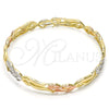 Oro Laminado Individual Bangle, Gold Filled Style Flower Design, Diamond Cutting Finish, Tricolor, 5.231.005.05 (08 MM Thickness, Size 5 (2.50 Diameter))