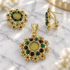 Oro Laminado Earring and Pendant Adult Set, Gold Filled Style Flower Design, with Emerald and Garnet Crystal, Polished, Two Tone, 10.91.0107